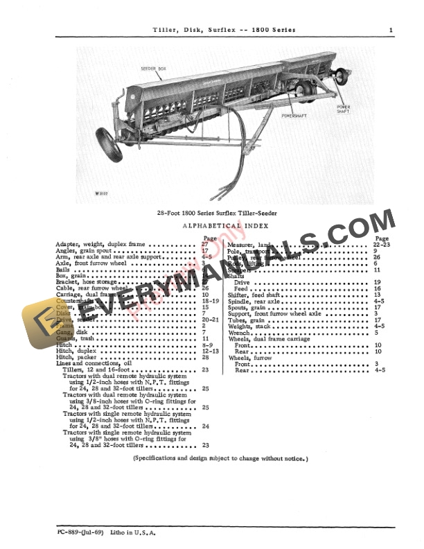 John Deere Surflex Disk Tiller – 1800 Series Parts Catalog PC889 01JUL69-3