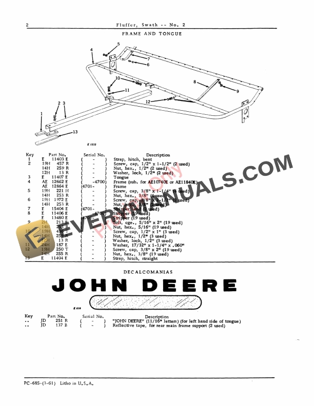 John Deere Swath Fluffer – No. 2 Parts Catalog PC685 01MAR61-4