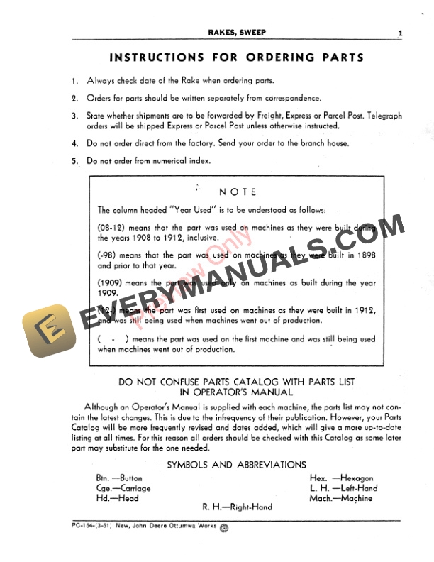 John Deere Sweep Rakes Parts Catalog PC154 01MAR51-3