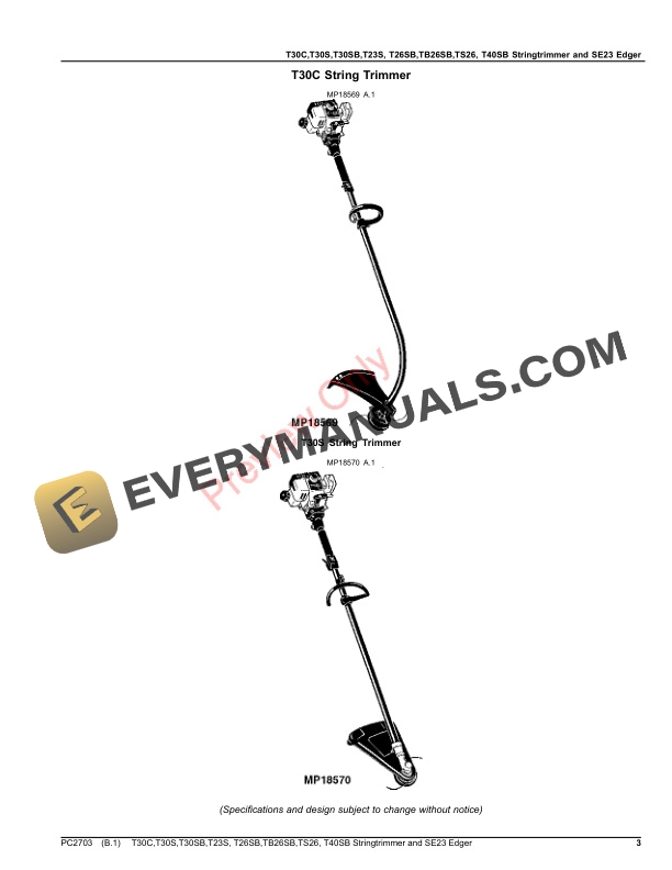 John Deere T30C,T30S,T30SB,T23S,T26SB,TB26SB,TS26,T40SB TRIMMERS AND SE23 EDGER Parts Catalog PC2703 11MAY18 4 John Deere T30C,T30S,T30SB,T23S,T26SB,TB26SB,TS26,T40SB TRIMMERS AND SE23 EDGER Parts Catalog PC2703 11MAY18-3