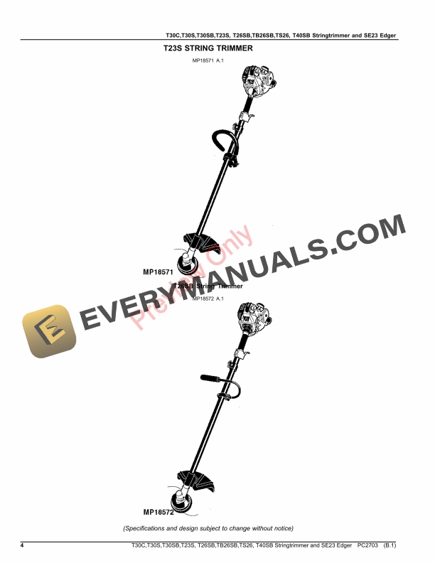 John Deere T30C,T30S,T30SB,T23S,T26SB,TB26SB,TS26,T40SB TRIMMERS AND SE23 EDGER Parts Catalog PC2703 11MAY18 5 John Deere T30C,T30S,T30SB,T23S,T26SB,TB26SB,TS26,T40SB TRIMMERS AND SE23 EDGER Parts Catalog PC2703 11MAY18-4