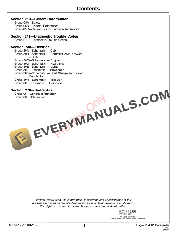 John Deere TM179019 Hagie 204SP Detasseler MY2025 Diagnostic Technical Manual TM179019 15JUN23 3