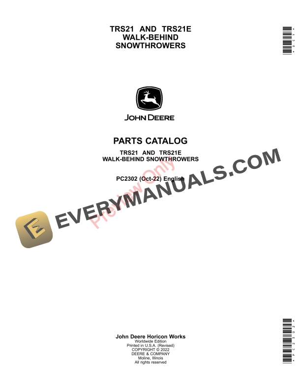 John Deere TRS21 and TRS21E Walk-Behind Snow Throwers Parts Catalog PC2302 31OCT22-1