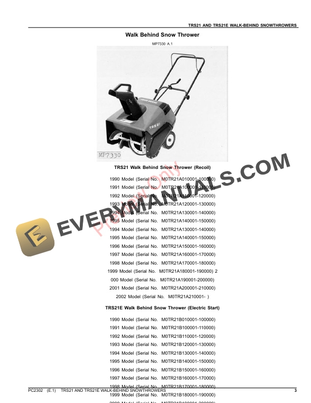 John Deere TRS21 and TRS21E Walk-Behind Snow Throwers Parts Catalog PC2302 31OCT22 4 John Deere TRS21 and TRS21E Walk-Behind Snow Throwers Parts Catalog PC2302 31OCT22-3