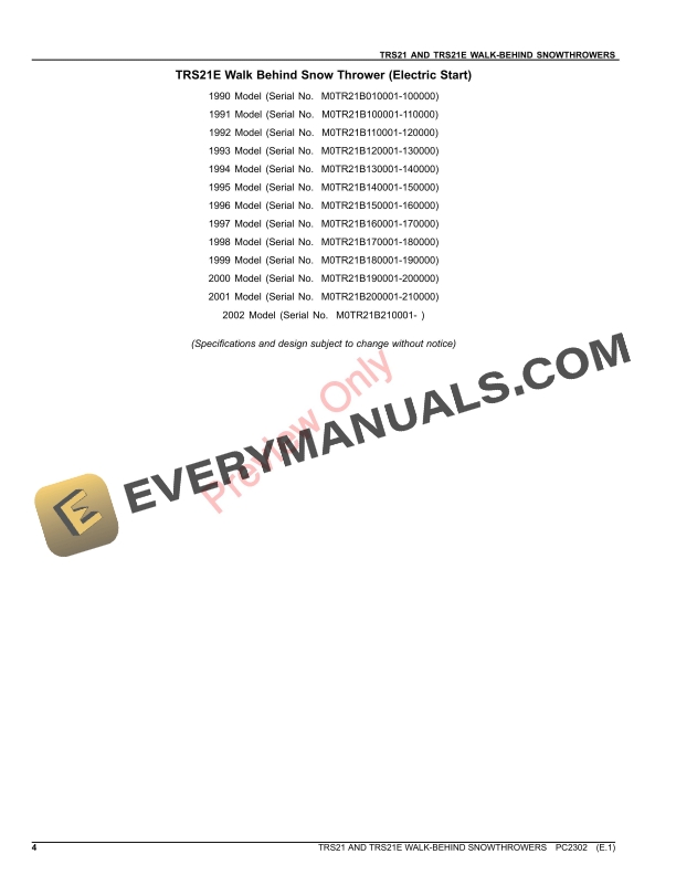 John Deere TRS21 and TRS21E Walk-Behind Snow Throwers Parts Catalog PC2302 31OCT22 5 John Deere TRS21 and TRS21E Walk-Behind Snow Throwers Parts Catalog PC2302 31OCT22-4