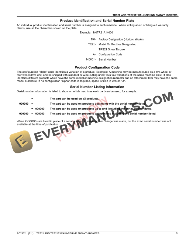 John Deere TRS21 and TRS21E Walk-Behind Snow Throwers Parts Catalog PC2302 31OCT22 6 John Deere TRS21 and TRS21E Walk-Behind Snow Throwers Parts Catalog PC2302 31OCT22-5