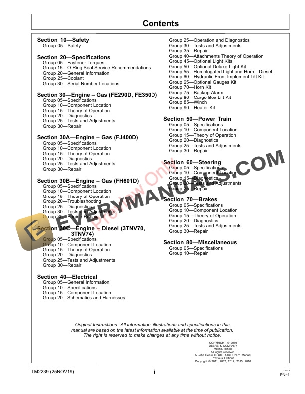 John Deere TS 4X2 TH 6X4 Gas and TH 6X4 Diesel Gators UtilityVehicles Technical Manual TM2239 25NOV19 3