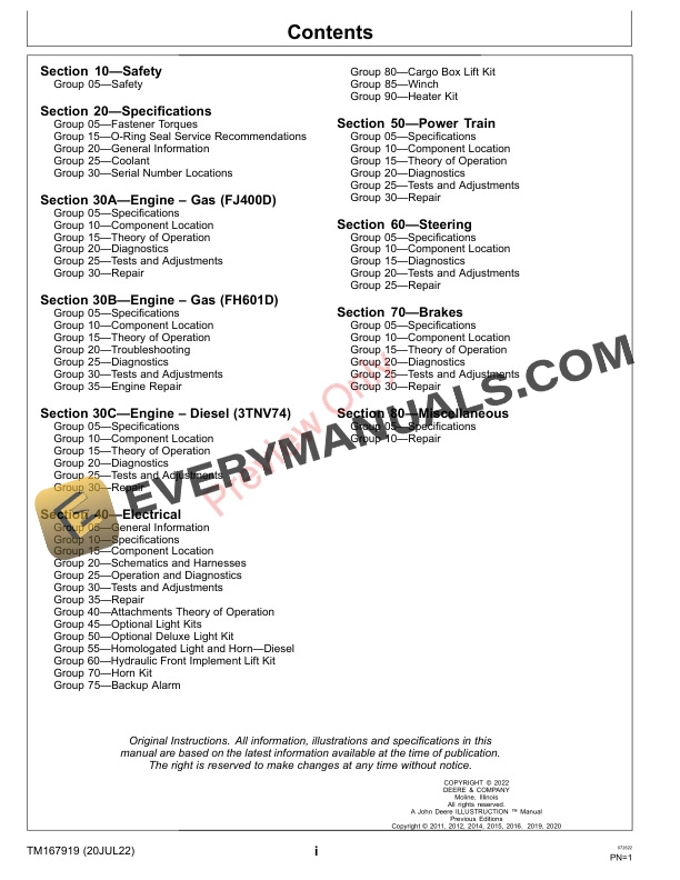 John Deere TS TH 6X4 Gas TH 6X4 and SAV Diesel Gator Utility Vehicles 160001 Technical Manual TM167919 20JUL22 3