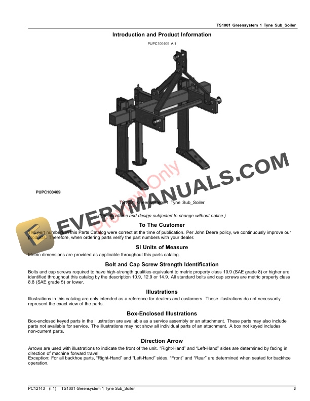 John Deere TS1001 Greensystem 1 Tyne Sub_Soiler Parts Catalog PC12143 06AUG23-3