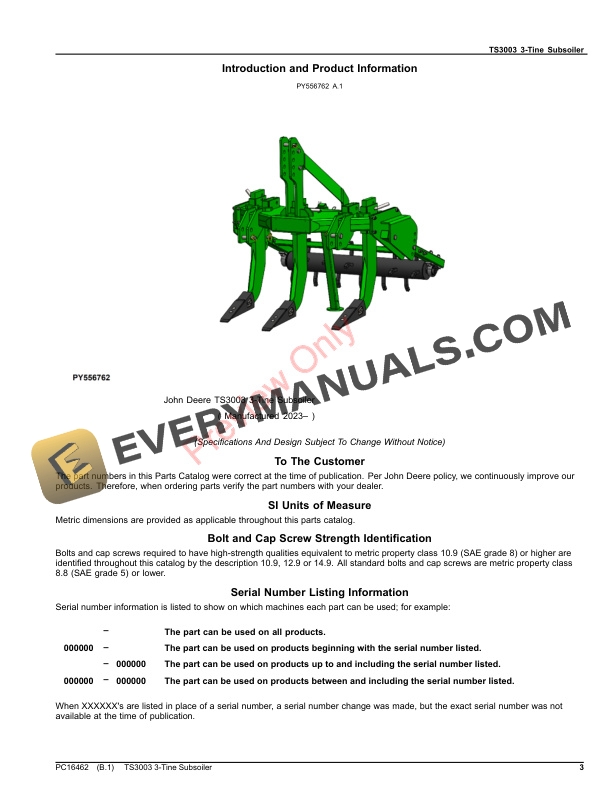 John Deere TS3003 3-Tine Subsoiler Parts Catalog PC16462 10APR23-3