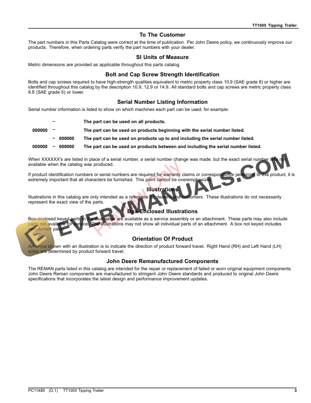 John Deere TT1005 Tipping Trailer Parts Catalog PC11488 30DEC21 3