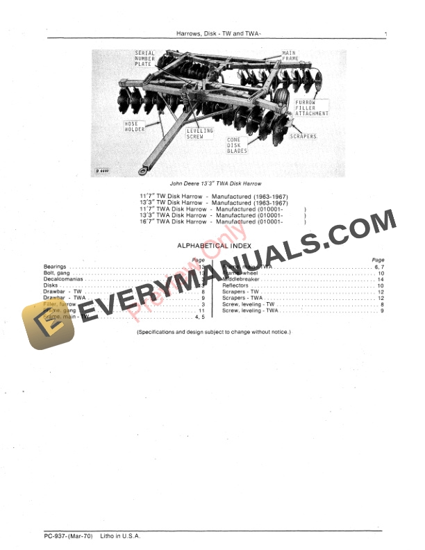 John Deere TW, TWA Disk Harrows Parts Catalog PC937 01MAR70-3