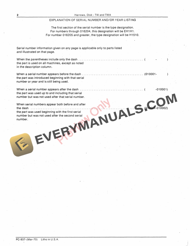 John Deere TW, TWA Disk Harrows Parts Catalog PC937 01MAR70-4