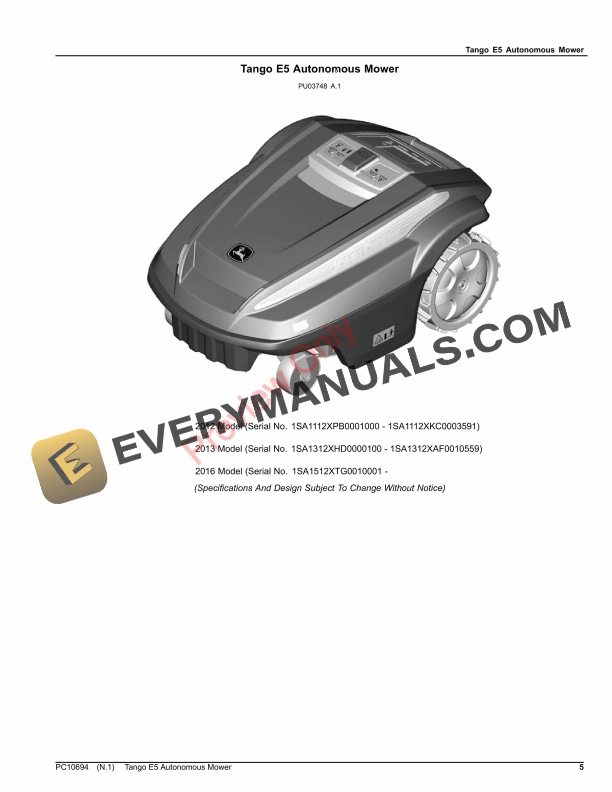 John Deere Tango E5 Autonomous Mower Parts Catalog PC10694 21MAY21 5