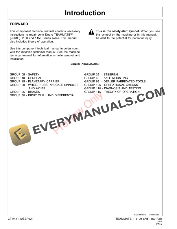 John Deere TeamMate II 2561R 1100 and 1150 Series Outboard Planetary Axles Component Technical Manual CTM44 10SEP92 2