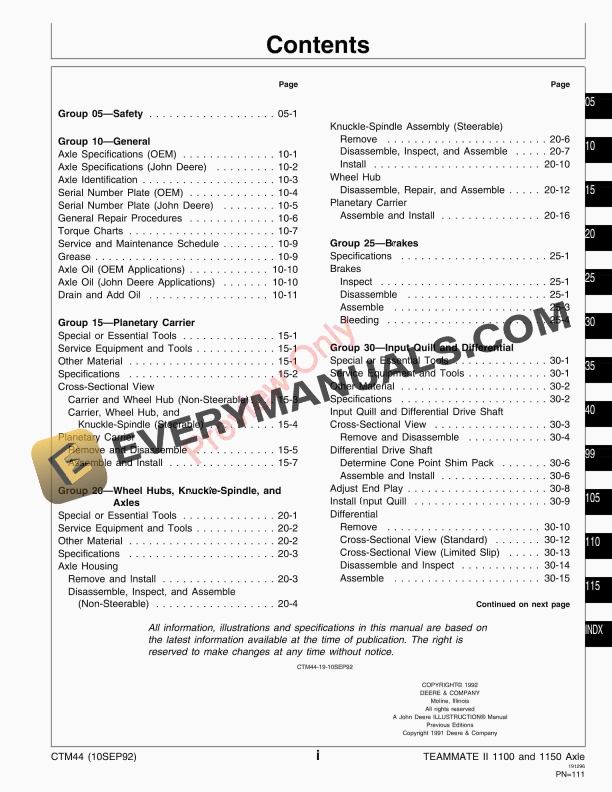 John Deere TeamMate II 2561R 1100 and 1150 Series Outboard Planetary Axles Component Technical Manual CTM44 10SEP92 5