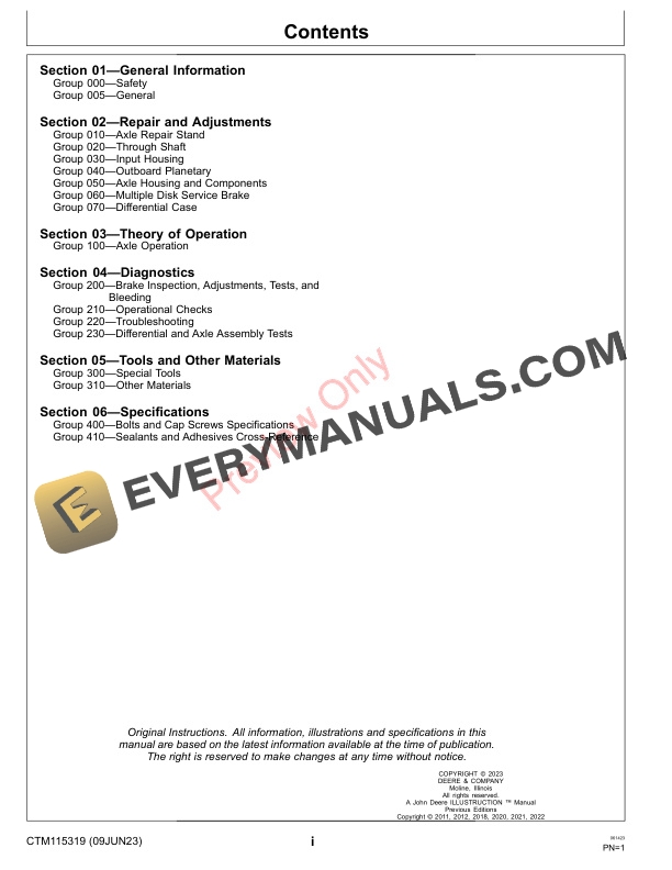 John Deere TeamMate V 1500 Series Outboard Planetary Axles Component Technical Manual CTM115319 09JUN23 3
