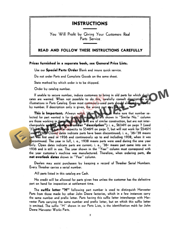 John Deere Threshers and Attachments Parts Catalog PC62H 01MAY47-2