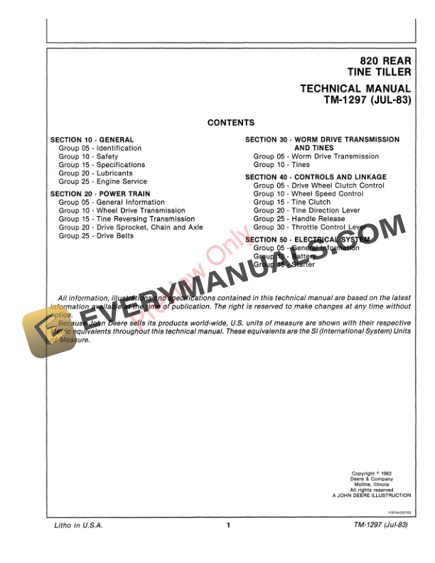 John Deere Tiller Only Technical Manual TM1297 01JUL83 3