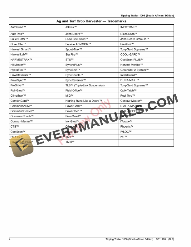 John Deere Tipping Trailer 1006 Parts Catalog PC11420 25JUL23 4