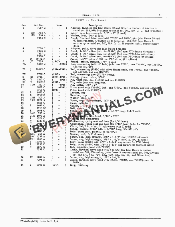 John Deere Tire Pump Parts Catalog PC442 01JUN63-5