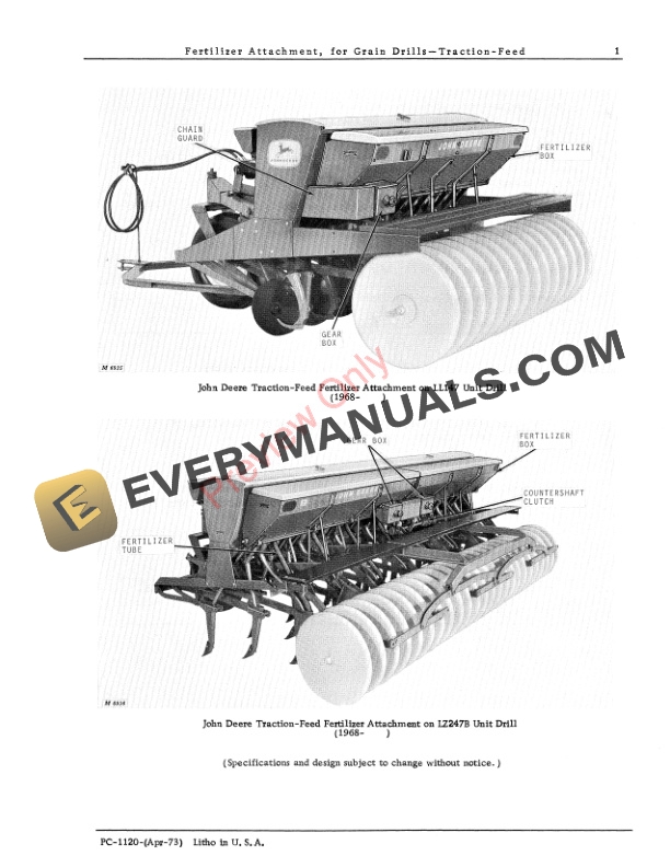 John Deere Traction Feed Fertilizer Attachment For Grain Drills Parts Catalog PC1120 01APR73 3