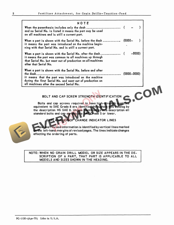 John Deere Traction Feed Fertilizer Attachment For Grain Drills Parts Catalog PC1120 01APR73 4