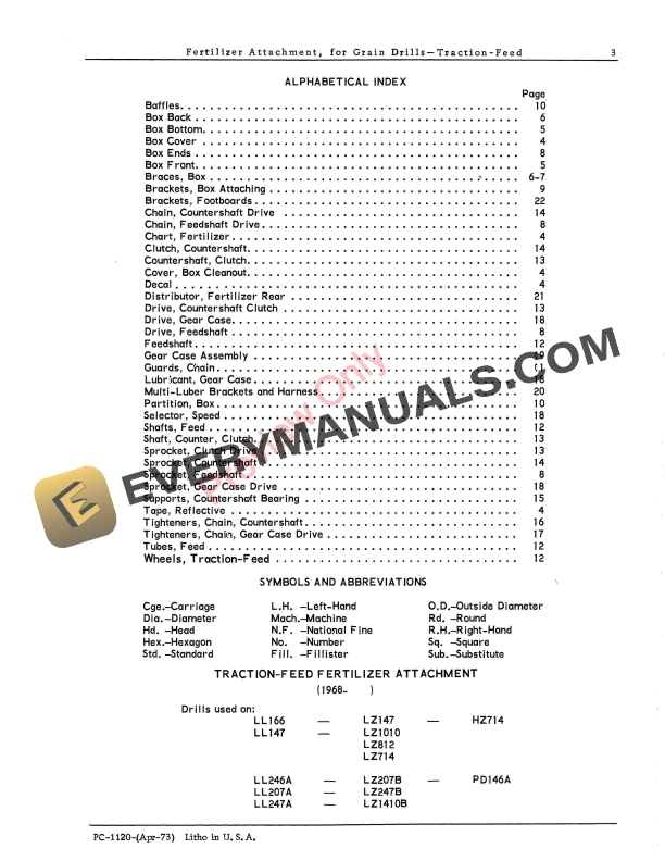 John Deere Traction Feed Fertilizer Attachment For Grain Drills Parts Catalog PC1120 01APR73 5