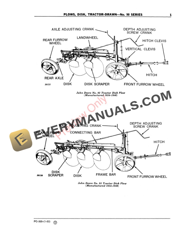 John Deere Tractor-Drawn Disk Plows – No. 90 Series Parts Catalog PC305 01JAN53-3