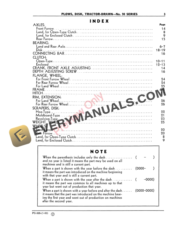 John Deere Tractor-Drawn Disk Plows – No. 90 Series Parts Catalog PC305 01JAN53-5