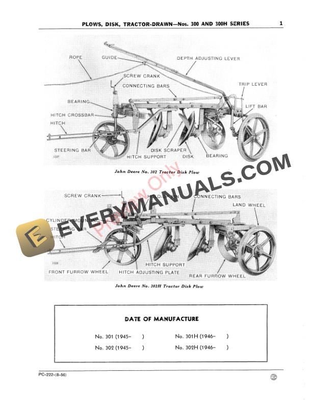 John Deere Tractor-Drawn Disk Plows - Nos. 300, 300H Series Parts Catalog PC222 01DEC57 4 John Deere Tractor-Drawn Disk Plows – Nos. 300, 300H Series Parts Catalog PC222 01DEC57-3