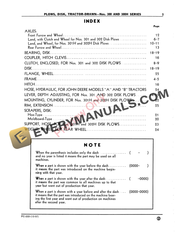 John Deere Tractor-Drawn Disk Plows - Nos. 300, 300H Series Parts Catalog PC222 01DEC57 6 John Deere Tractor-Drawn Disk Plows – Nos. 300, 300H Series Parts Catalog PC222 01DEC57-5
