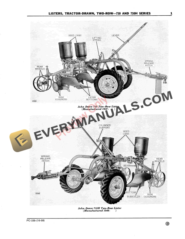 John Deere Tractor-Drawn Listers - 730, 730H Series (2-Row) Parts Catalog PC335 01OCT59 6 John Deere Tractor-Drawn Listers – 730, 730H Series (2-Row) Parts Catalog PC335 01OCT59-5