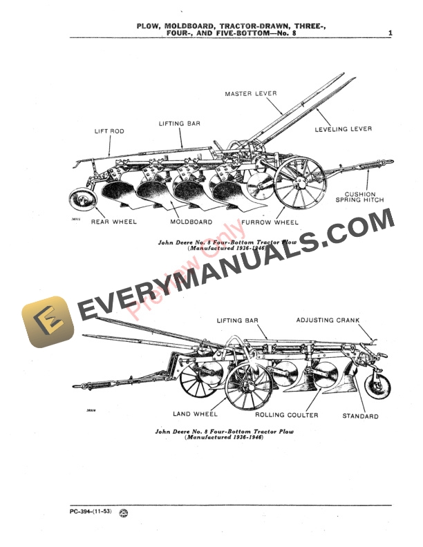 John Deere Tractor-Drawn Moldboard Plow – No. 8 Parts Catalog PC394 01NOV53-3