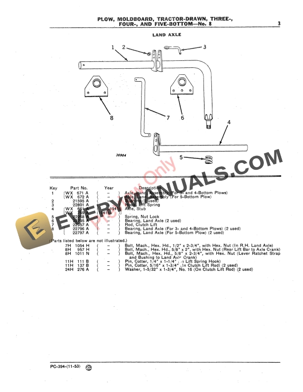 John Deere Tractor-Drawn Moldboard Plow – No. 8 Parts Catalog PC394 01NOV53-5