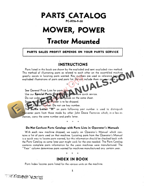 John Deere Tractor-Mounted Power Mower for General Purpose Tractors Parts Catalog PCH76 01SEP50-3