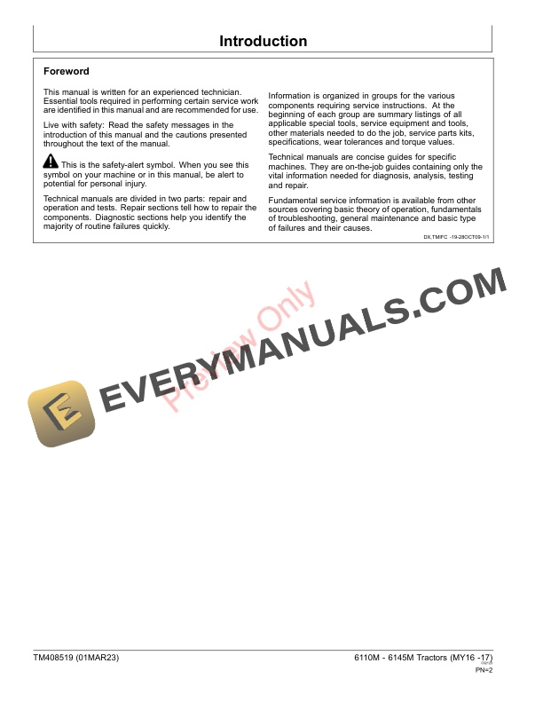 John Deere Tractors 6110M 6120M 6130M 6135M 6140M 6145M MY2016 Repair Technical Manual TM408519 01MAR23 2
