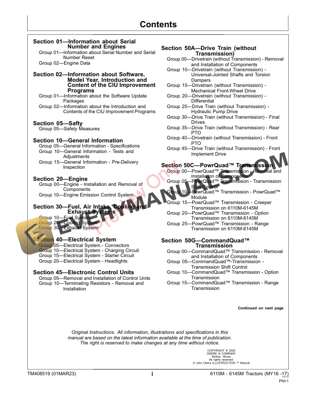 John Deere Tractors 6110M 6120M 6130M 6135M 6140M 6145M MY2016 Repair Technical Manual TM408519 01MAR23 3
