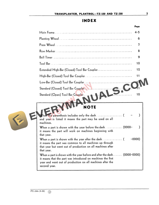 John Deere Transplanter Plantrol TZ-100, TZ-200 Parts Catalog PC344 01APR56 6 John Deere Transplanter Plantrol TZ-100, TZ-200 Parts Catalog PC344 01APR56-5