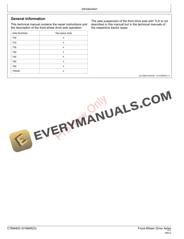 John Deere Two Piece Front Wheel Drive Axles 730 to 755 Version 1 One Component Technical Manual CTM4820 01MAR23 3