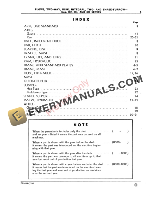 John Deere Two Way Integral Disk Plows – Nos. 882, 883 Parts Catalog PC454 01JUL56-3