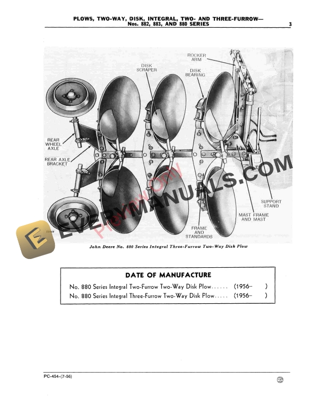John Deere Two Way Integral Disk Plows – Nos. 882, 883 Parts Catalog PC454 01JUL56-5