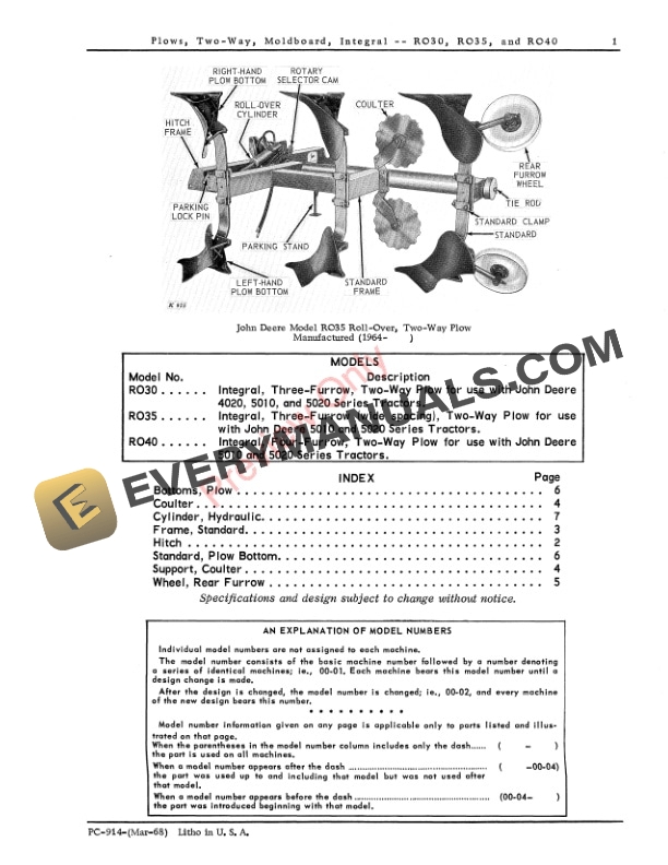 John Deere Two-Way Integral Moldboard Plows – RO30, RO35, RO40 Parts Catalog PC914 01MAR68-3