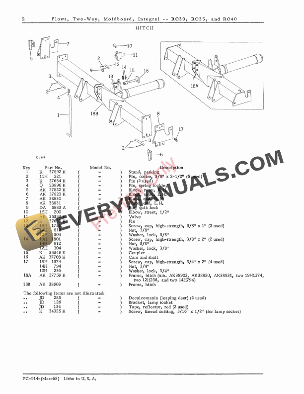 John Deere Two-Way Integral Moldboard Plows – RO30, RO35, RO40 Parts Catalog PC914 01MAR68-4
