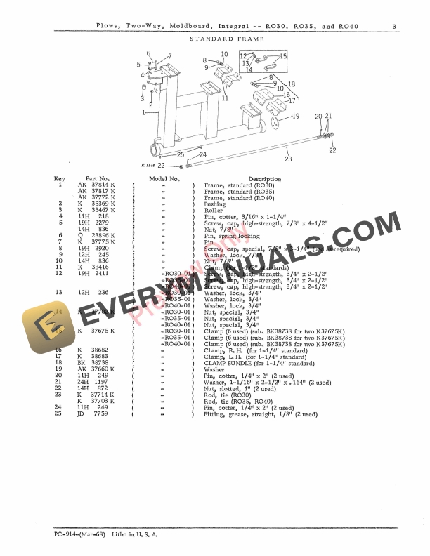John Deere Two-Way Integral Moldboard Plows – RO30, RO35, RO40 Parts Catalog PC914 01MAR68-5