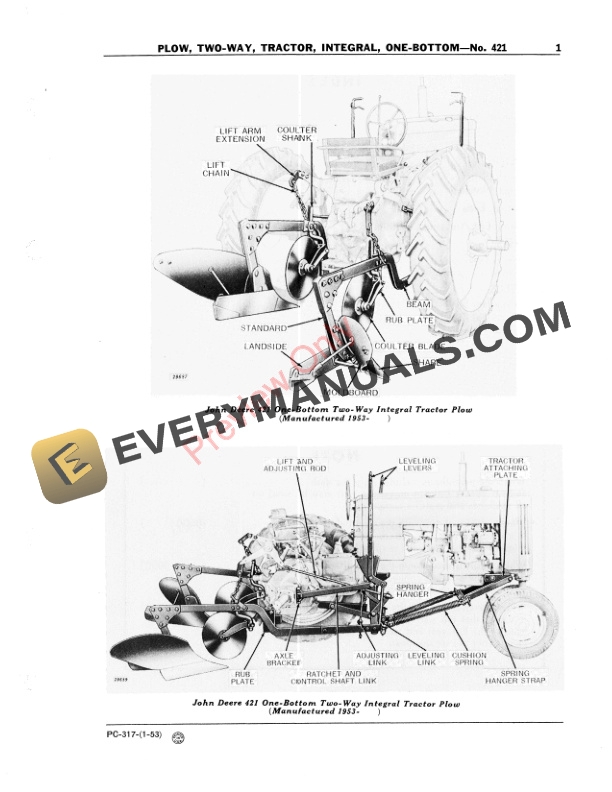 John Deere Two Way Integral Tractor Plow – No.421 Parts Catalog PC317 01JAN53-3