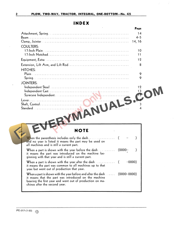 John Deere Two Way Integral Tractor Plow – No.421 Parts Catalog PC317 01JAN53-4