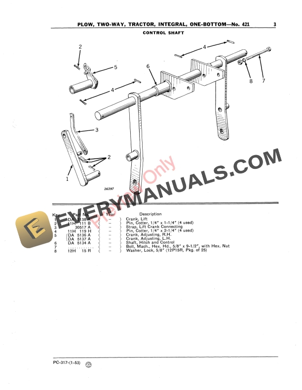 John Deere Two Way Integral Tractor Plow – No.421 Parts Catalog PC317 01JAN53-5