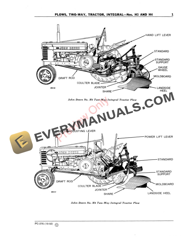 John Deere Two-Way Integral Tractor Plows – Nos. H3, H4 Parts Catalog PC276 01OCT52-3