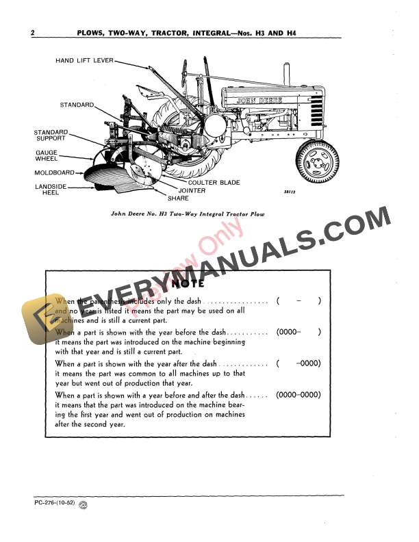 John Deere Two-Way Integral Tractor Plows – Nos. H3, H4 Parts Catalog PC276 01OCT52-4